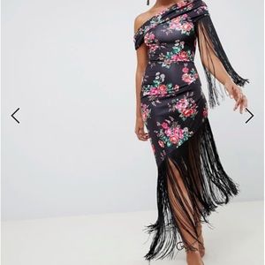 ASOS DESIGN slinky fringe midi dress in floral